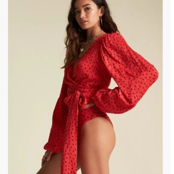 Billabong Sincerely Jules Wrapped in Love Wrap Top M Long Puff Sleeves Red - Picture 2 of 14